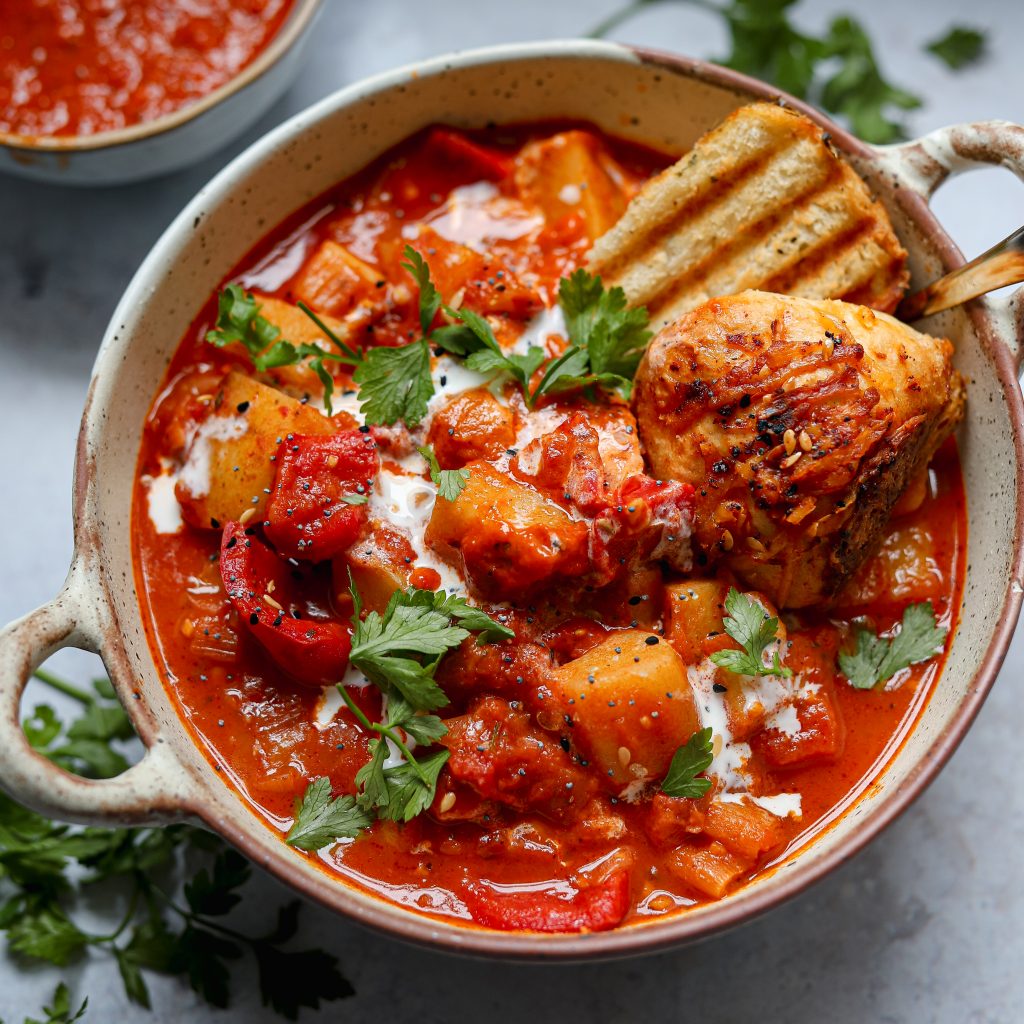 Hearty winter vegetable stew with leeks and harissa
