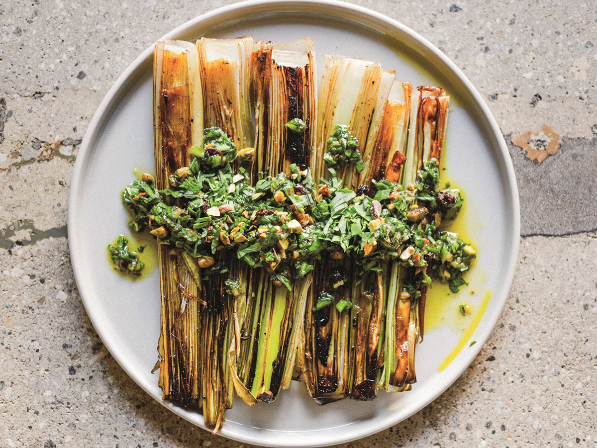 Pan-Roasted Leeks with Currants and Pistachio-Sorrel Gremolata