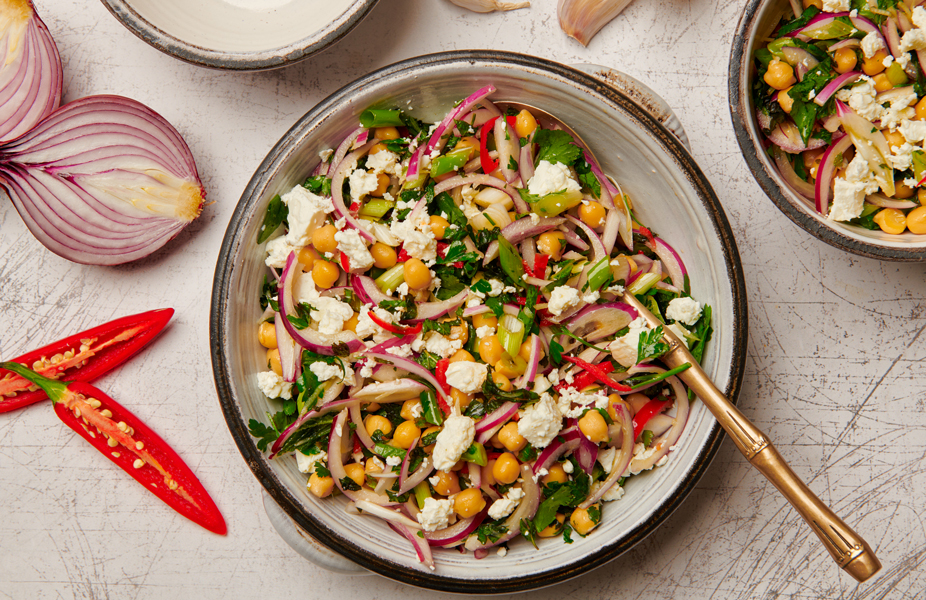 Warm Salad of Chickpeas, Chilli, Feta and Garlic
